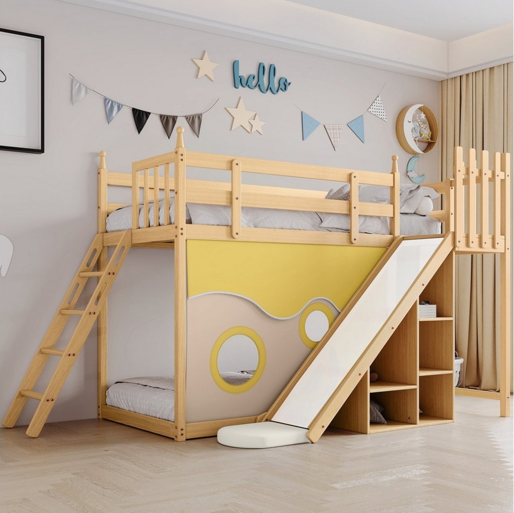 TavilaEcon Etagenbett Kinderbett Holzbett mit Treppe und Zäune, mit Fallschutz und Gitter, mit Bettvorhang, Rutsche und Regal, 90x200cm Bild 1