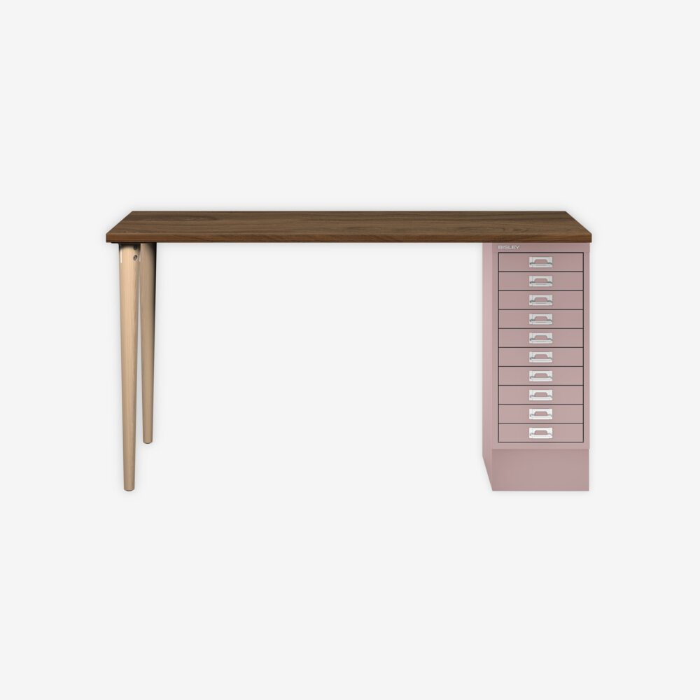 MultiDesk, 2 Eichenfüße, 1 MultiDrawer mit 10 Schüben, Dekor Nussbaum, Farbe Pastellpink, Maße: H 740 x B 1400 x T 600 mm Bild 1