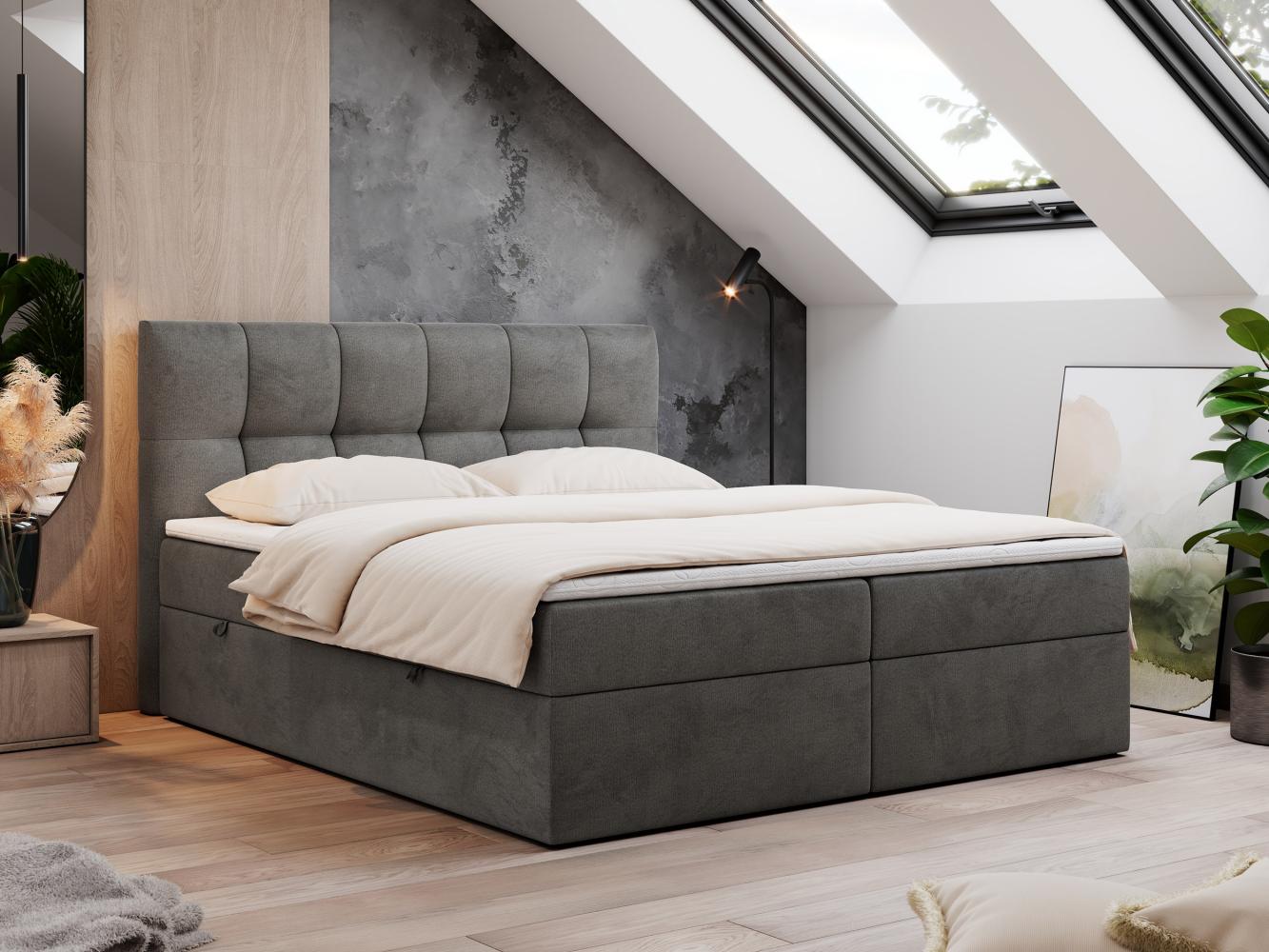 Boxspringbett mit Kopfteil und Topper, Doppelbett - RICO - 140x200cm - Dunkelgrau Velours - H4 Bild 1