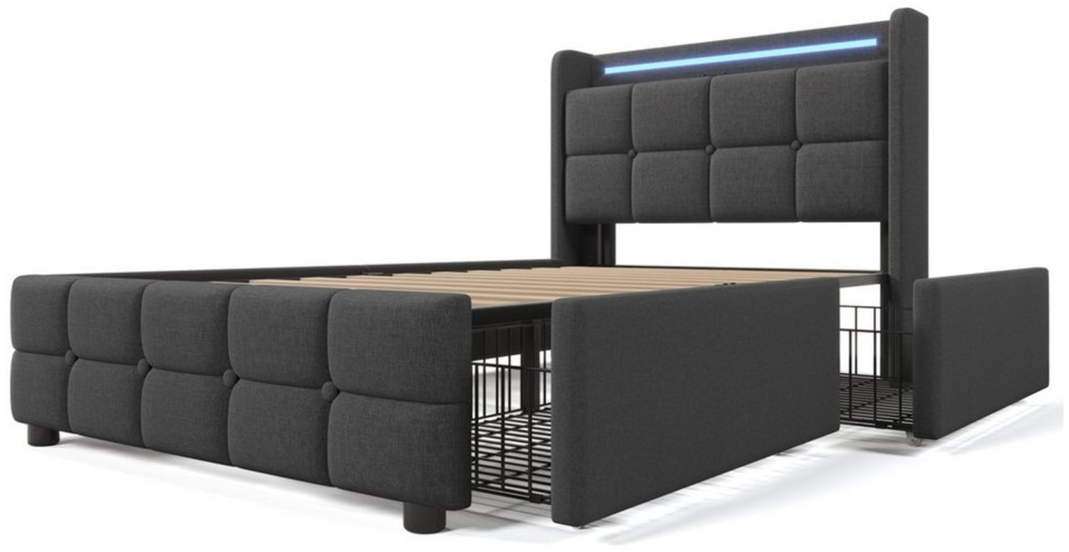 Welikera Polsterbett Einzelbett mit USB Ladefunktion Kopfteil,LED-Licht,2 Schubladen, 90x200cm Stauraumbetten Bettgestell,Lattenrost aus Holz,Ohne Matratze Bild 1