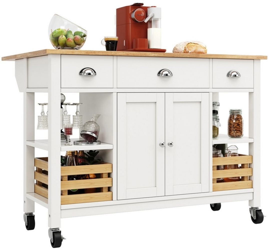 i@home Kücheninsel Küchenschrank, Essschrank, Esszimmerwage,360 Grad drehbare Räder, (Bis 60 kg belastbar, 2 Schiebetüren und 2 Schubladen,120×45×90cm), Multifunktions-Esstisch mit Kiefernkorb Aufbewahrungskorb, Weiß Bild 1