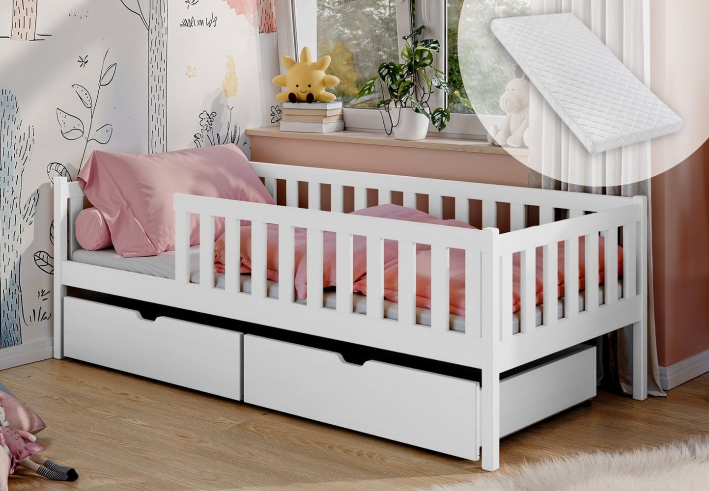 Kids Collective Kinderbett mit Rausfallschutz, Lattenrost und optionaler Matratze, Kinder Bett (mit zwei Schubladen), 80x160 cm: von 3. bis 10. Lebensjahr, weiß, mit Matratze Bild 1