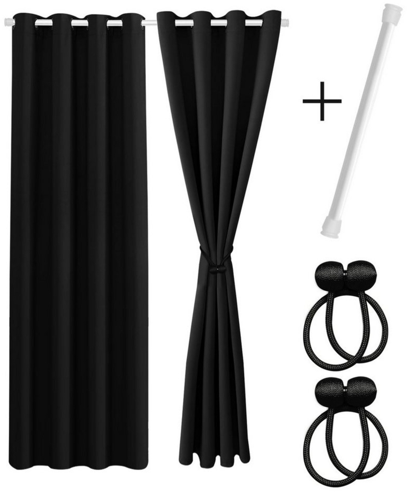Cozyor Vorhang Set mit 2x Gardine + 2x Vorhanghalter + 1x Gardinenstange ohne Bohren, Ösen (2 St), verdunkelnd, Mikrofaser Polyester, schwarz Eclipse, Raumteiler blickdicht, Thermovorhang 160x135cm inklusive Magnethaltern Bild 1