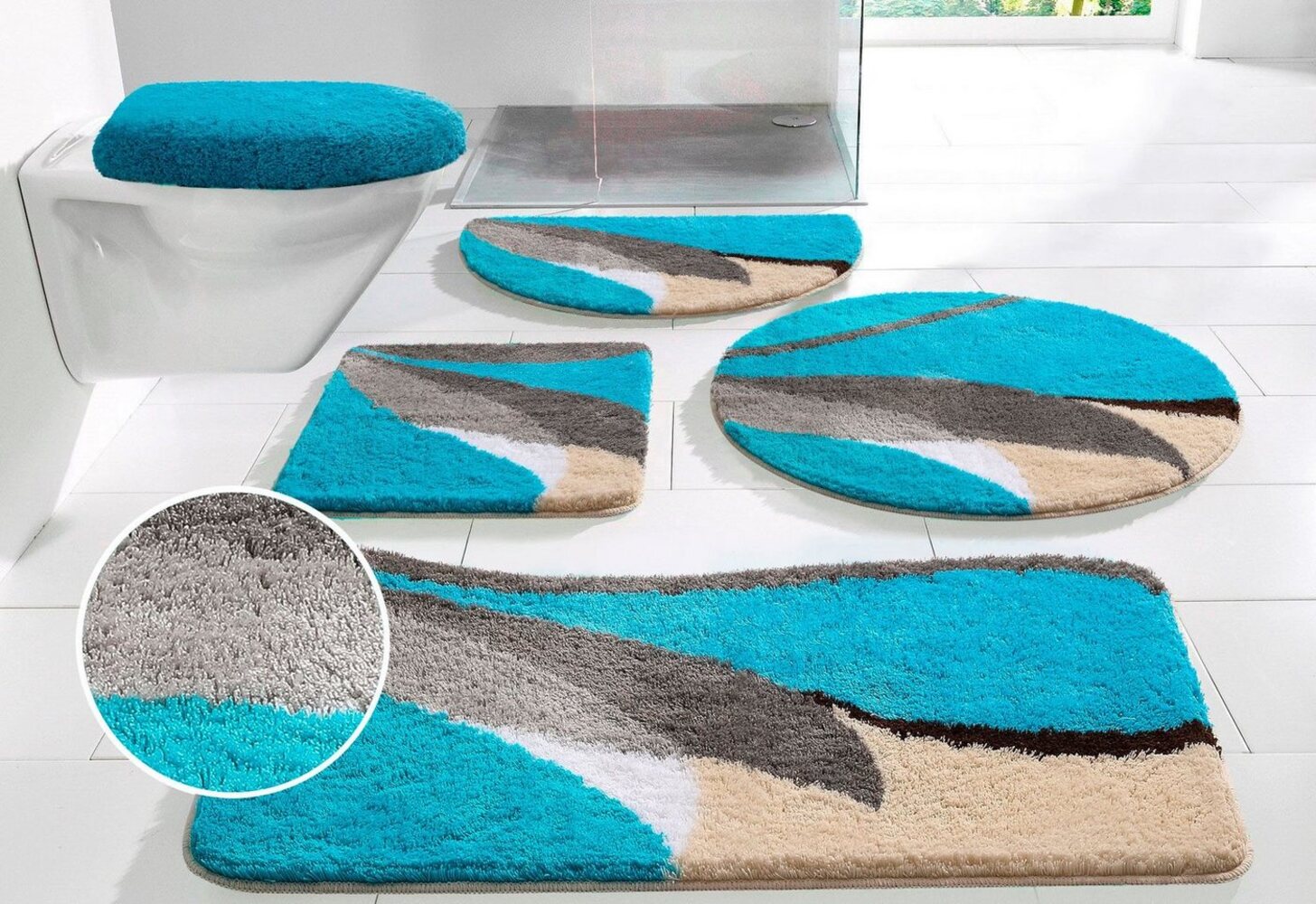 my home Badematte Magnus, Badvorleger, Badezimmer Teppich, Höhe 20 mm, rutschhemmend beschichtet, schnell trocknend, strapazierfähig, Polyacryl, rechteckig, 2-tlg. Hänge-WC Set, mehrfarbig, Badteppich, Badematten auch als 2 teiliges Set & rund Bild 1