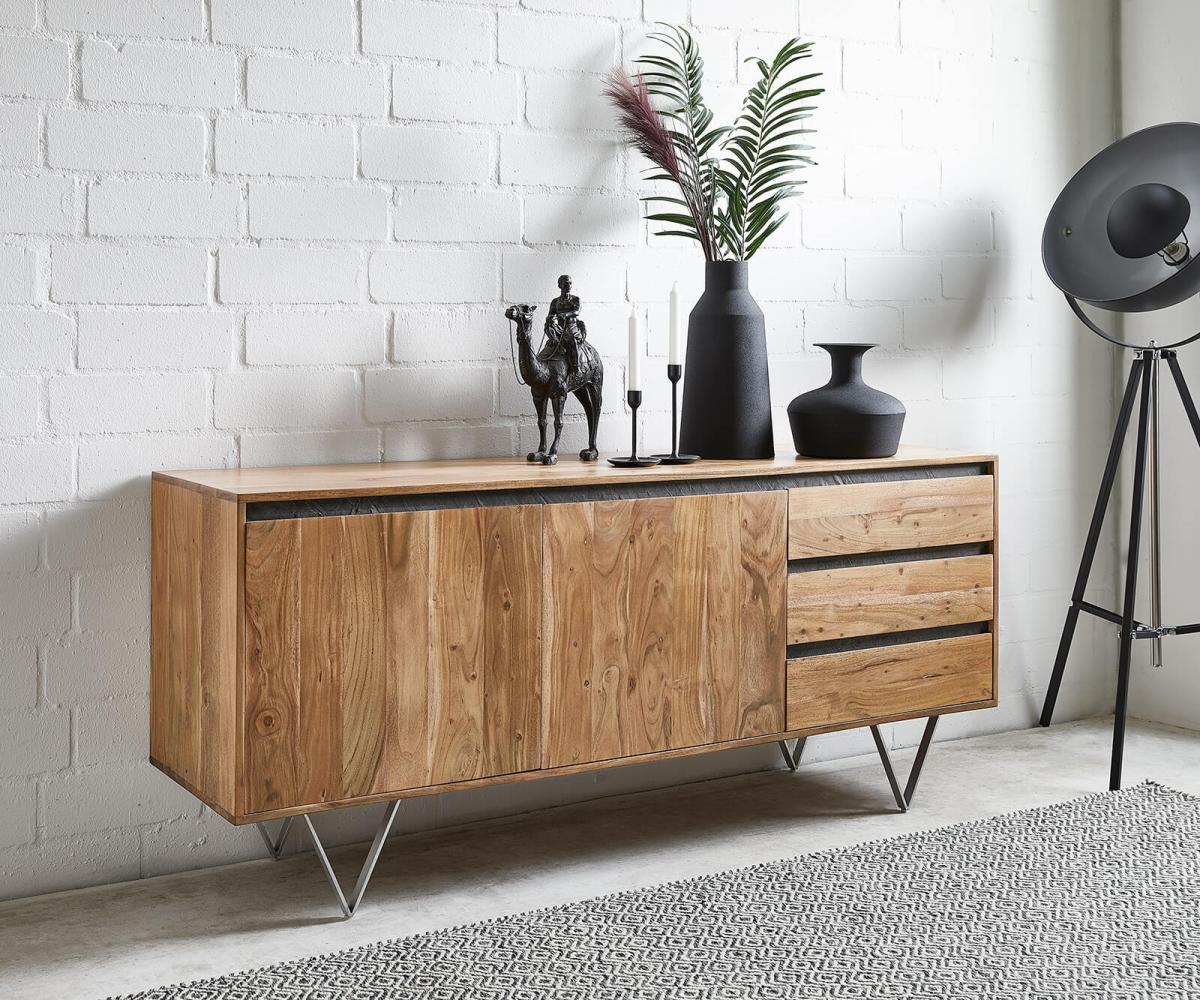 Sideboard Stonegrace 175x45 cm Akazie Natur Schiefer 2 Türen 3 Schübe Bild 1