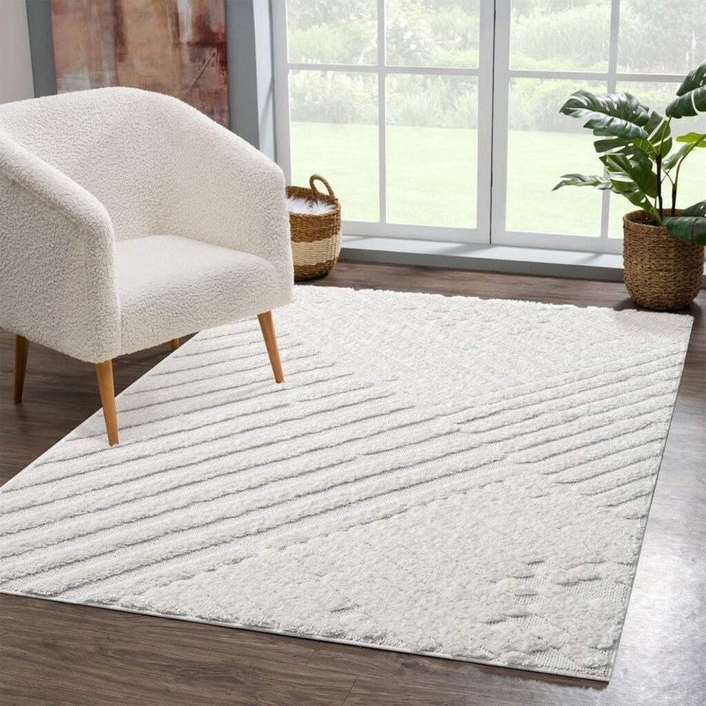 carpet city Teppich Hochflor Wohnzimmer - 160x230 cm - Einfarbig Weiß/Creme - Hochtief-Muster/ 3D-Effekt Streifen - Shaggy Teppiche Schlafzimmer Boho, Scandi Bild 1