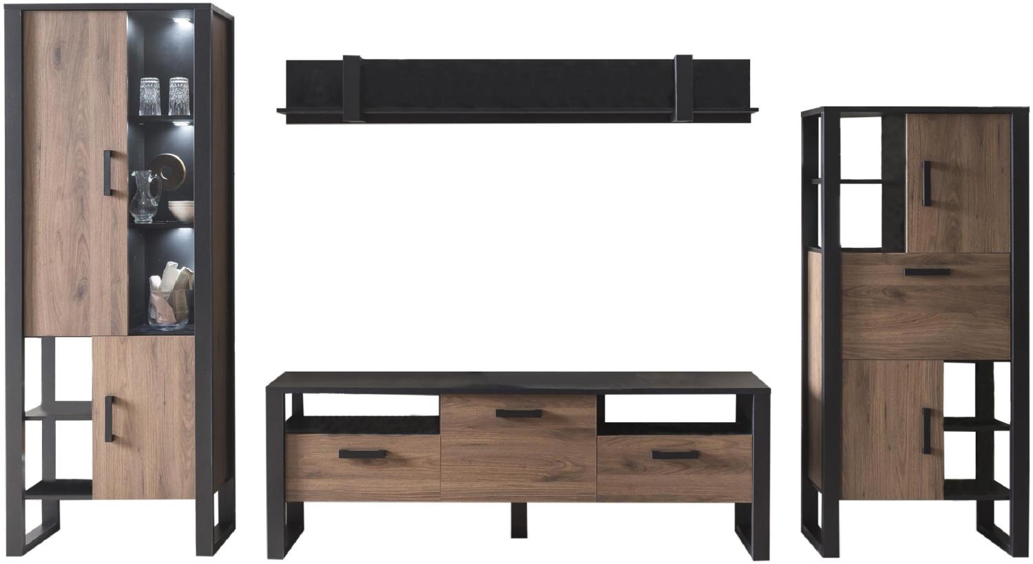 Wohnwand >Nordi< in Okapi-Nuss, Schwarz - 317,1x200,1x43,1cm (BxHxT) Bild 1