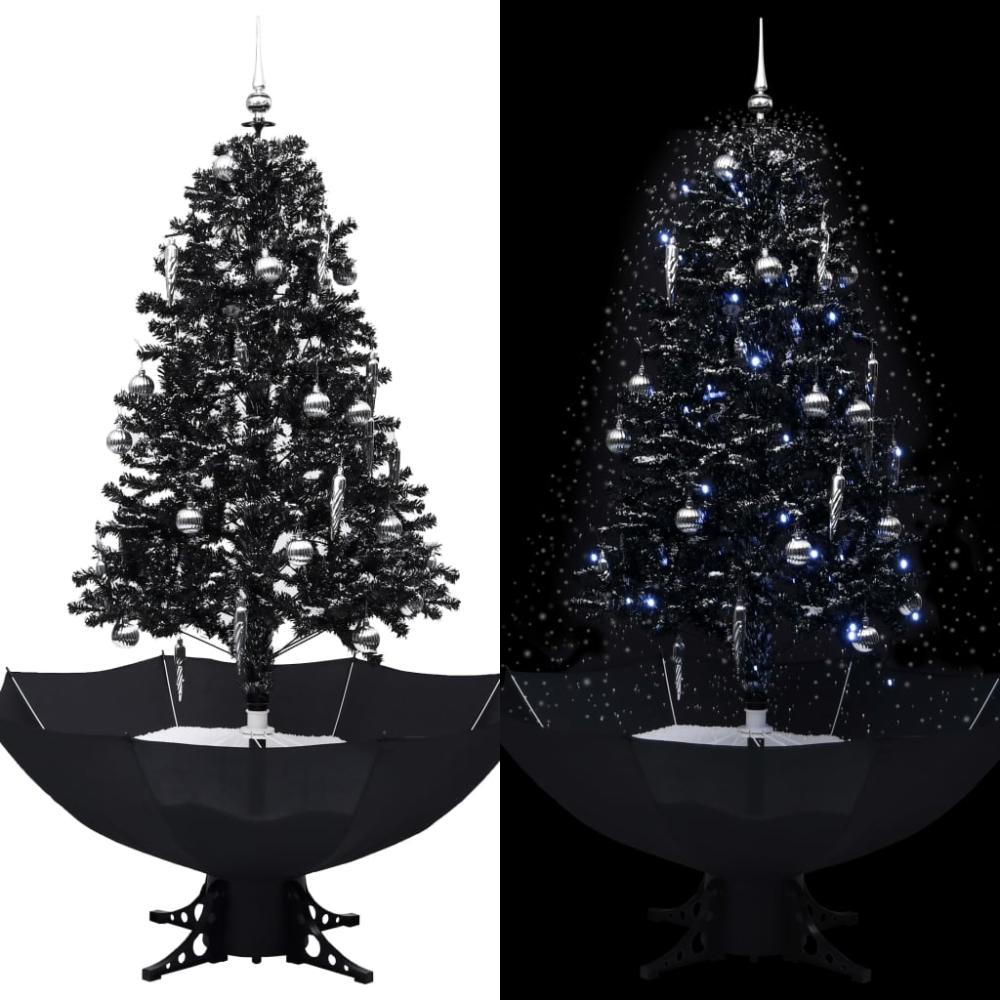 vidaXL 'Schneiender' Weihnachtsbaum mit Schirmfuß, Schneefall, Kugeln & LED-Lampen , Schwarz, 170 cm Bild 1