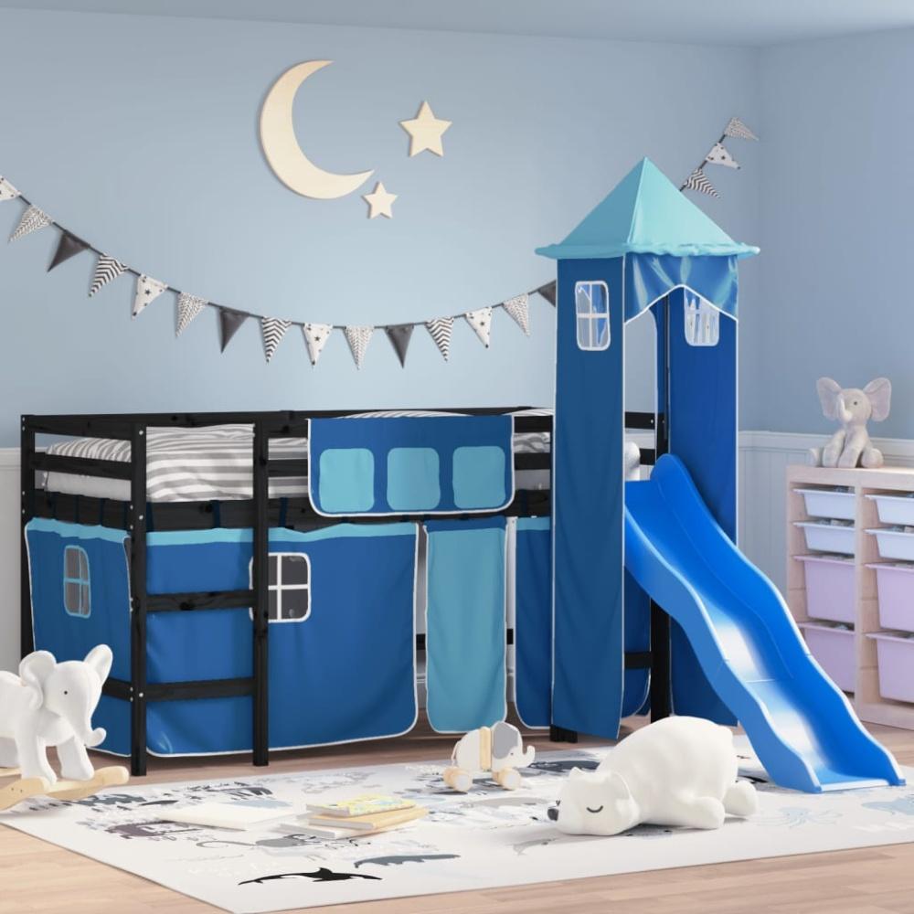 vidaXL Kinderhochbett mit Turm Blau 90x200 cm Massivholz Kiefer 3207079 Bild 1