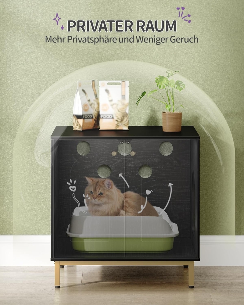 Katzenschrank, Katzentoilette, Katzenklo Schrank, Katzenhaus mit Tür, Hölzerner Beistelltisch für das Haustierhaus, 60 x 50 x 61 cm, Stabile Katzenschrank, Schwarz und Gold Bild 1