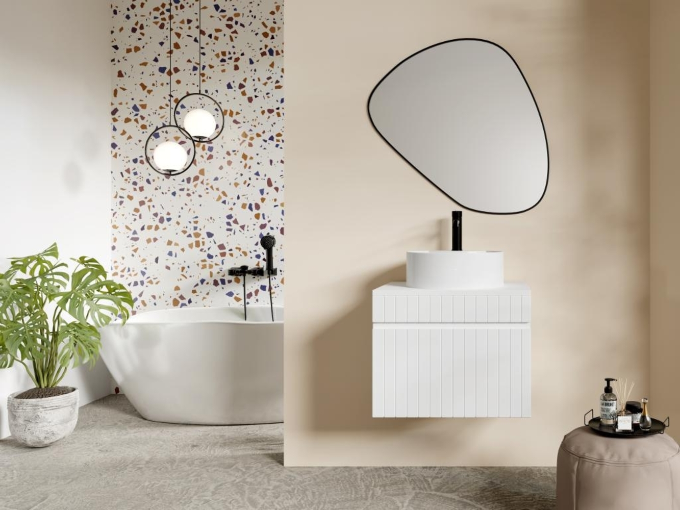 Vente-unique - Waschbeckenunterschrank hängend mit rundem Aufsatzwaschbecken - Streifenoptik - Weiß - 60 cm - SATARA Bild 1