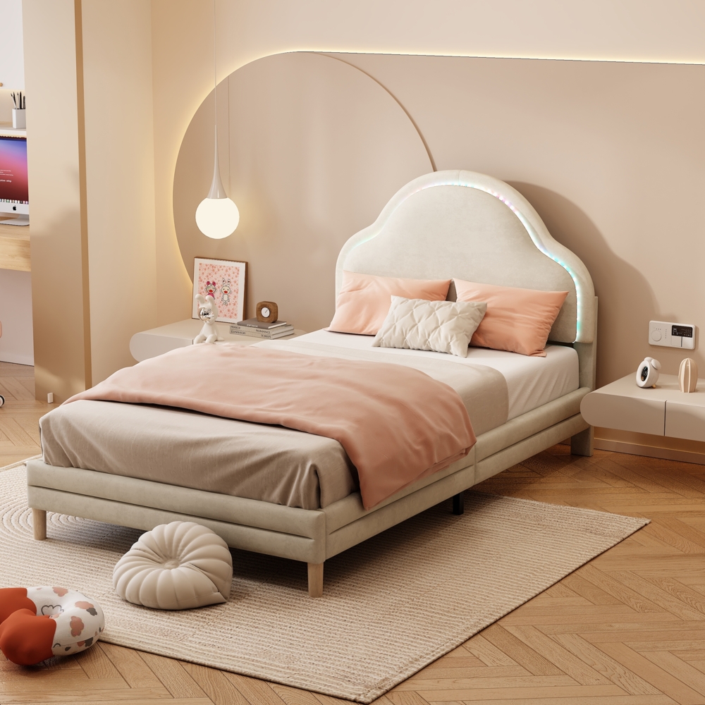 Polsterbett Kinderbett Einzelbett, Wolken-Kopfteil, LED-Lichtstreifen, Samt, Beige, Kreatives Kinderzimmer Bild 1