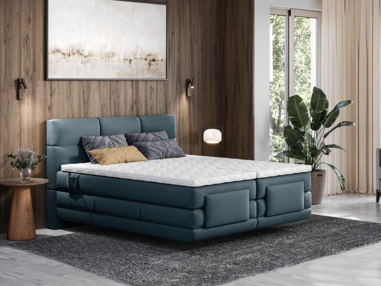 Vente-unique - Boxspringbett mit gestepptem Kopfteil + elektrischem Untergestell mit Relaxfunktion + Matratze + Topper - 2 x 90 x 200 cm - Stoff - Blau - LODI von PALACIO Bild 1