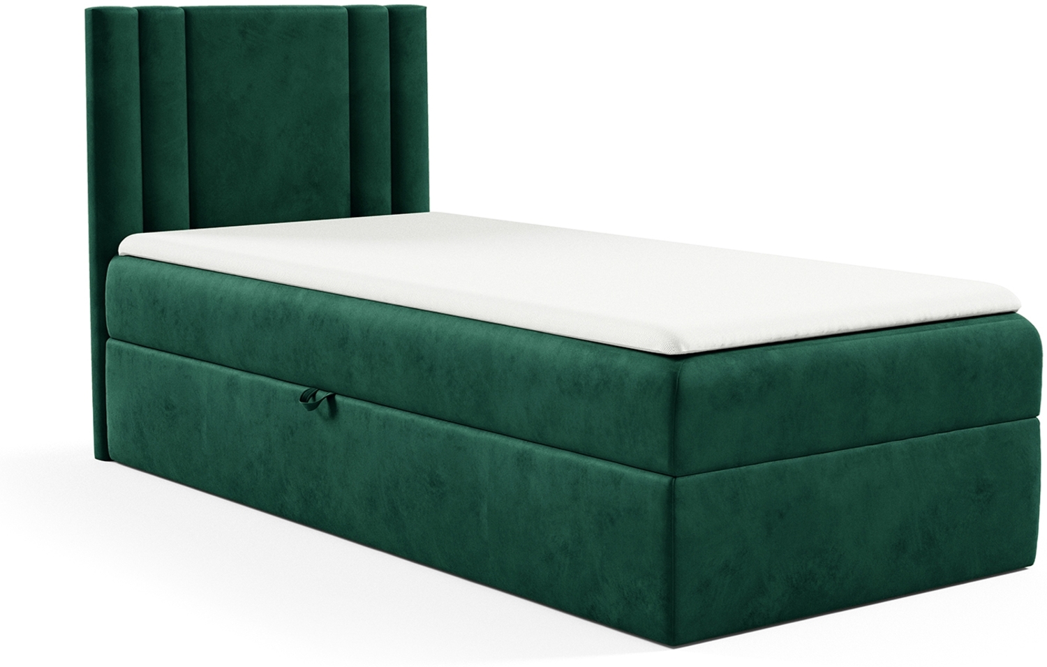MEBLINI Kinderbett mit Bettkasten CARDI 100x200 Links – H3/Grün Samt Gepolstert Einzelbett mit Matratze - Polsterbett mit Stauraum - Bett mit Kopfteil – Stauraumbett Bild 1