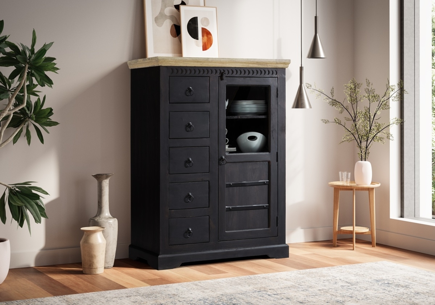 Highboard 95x131cm 'Mumbai' Mango natur & schwarz Bild 1