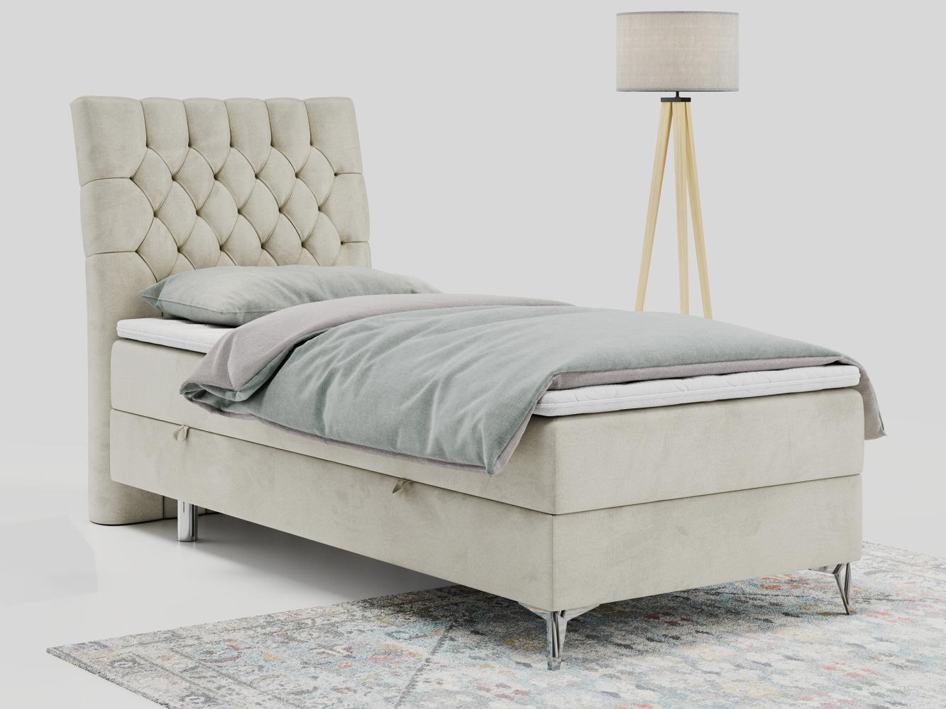 Boxspringbett MILEN, Einzelbett 90x200, Polsterbett mit Multipocket-Matratze und Topper - Beige velours - links - H3 Bild 1