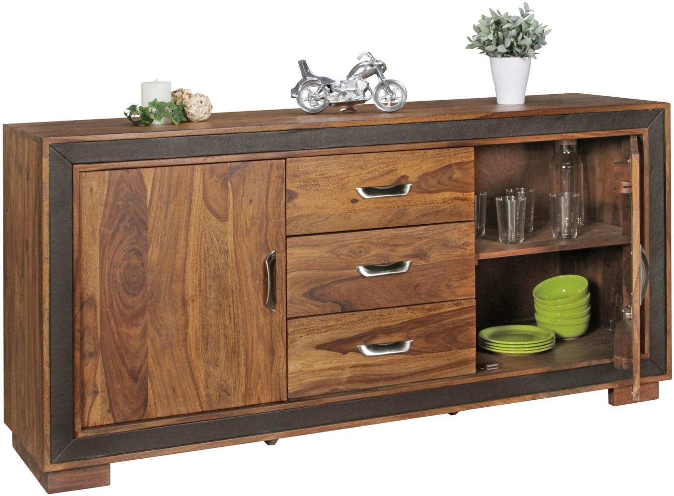 Design Sideboard Sheesham Massivholz mit Kunstleder 160x44x80 cm, Anrichte im rustikalen Landhausstil, Kommode mit Schubladen & Türen Bild 1