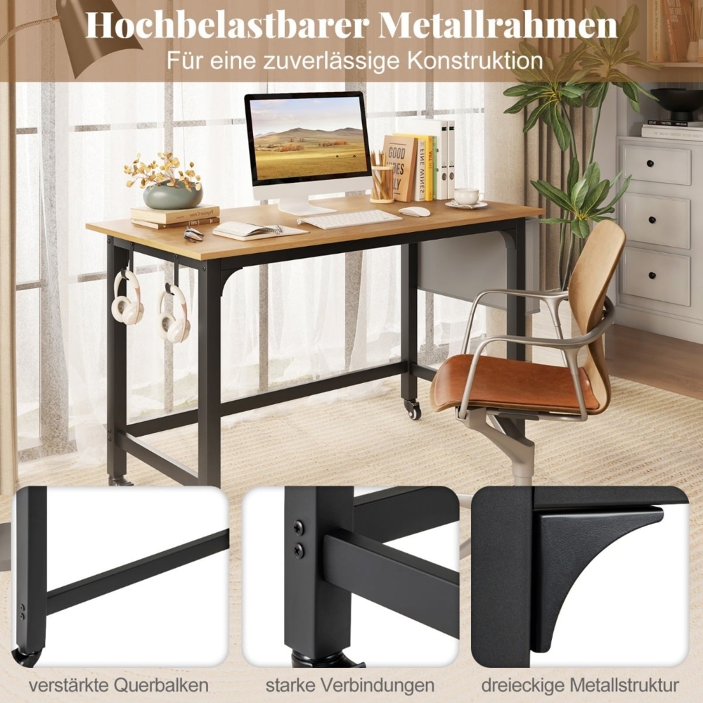 Schreibtisch mit Rollen Computertisch mit Abnehmbarer Stofftasche und Kopfhörerhaken 120 x 60 x 75 cm Holz Bild 1