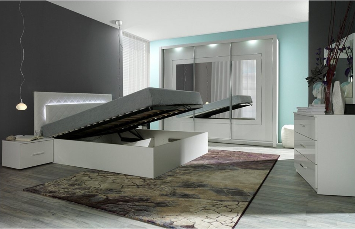 Lomadox Schlafzimmer-Set PALINURO-166, (Spar-Set, 5-tlg, Bett Nachttische Schwebetürenschrank Kommode), weiß Hochglanz, Liegefläche 180x200cm, inkl. LED-Beleuchtung Bild 1