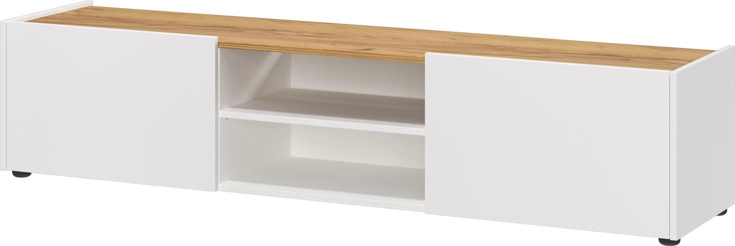 Kadima Design TV-Lowboard mit Kabelmanagement, 164x40x35, Griffloses Design, "Avis". Farbe: Weiß-Beige Bild 1