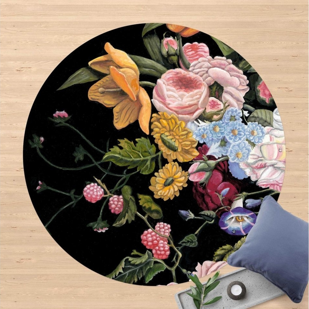 Bilderdepot24 Teppich Vinyl Wohnzimmer Schlafzimmer Flur Küche Blumen modern, rund - bunt glatt, nass wischbar (Küche, Tierhaare) - Saugroboter & Bodenheizung geeignet Bild 1