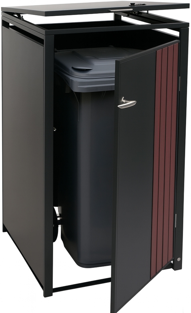 1er-Mülltonnenverkleidung HWC-O67, Mülltonnenbox mit Deckel, Metall 122x68x84cm 35kg ~ anthrazit Holzoptik dunkel Bild 1