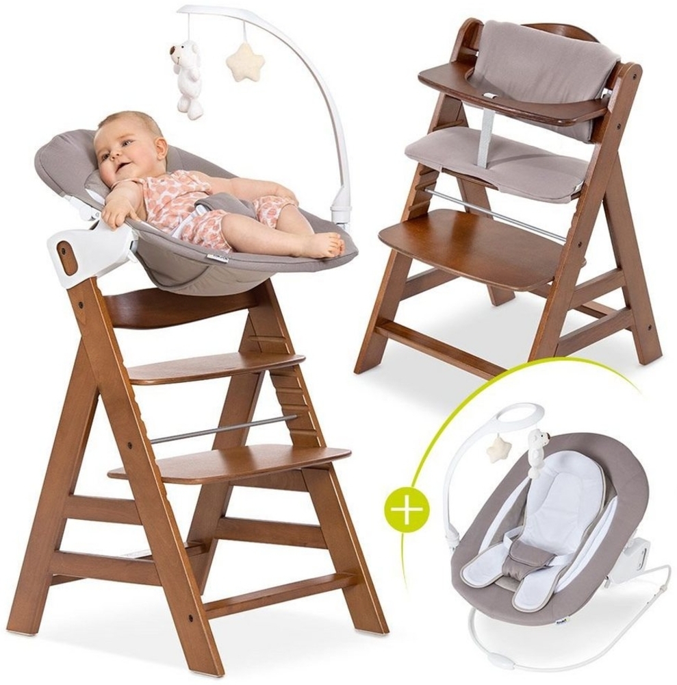 Hauck Hochstuhl Alpha Plus Walnut Newborn Set Deluxe (Set, 4 St), Holz Babystuhl ab Geburt inkl. Aufsatz für Neugeborene & Sitzauflage Bild 1