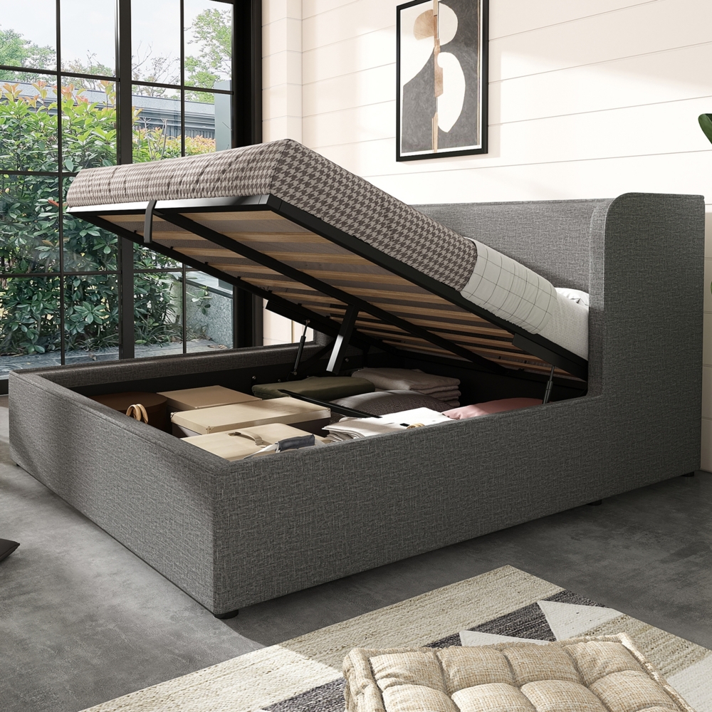 Polsterbett 160x200 cm mit Stauraum aus Leinen, breite Seitenlehnen und hydraulischer Hebefunktion Bild 1