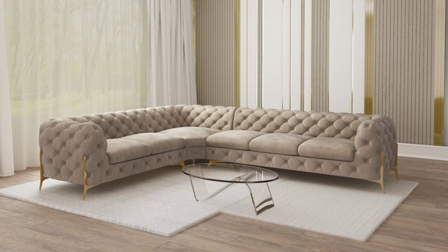 S-Style Möbel Ecksofa Chesterfield Ashley mit Goldene Metall Füßen, Die Eckeinheit kann entweder rechts- oder linkshändig sein, mit Wellenfederung Bild 1