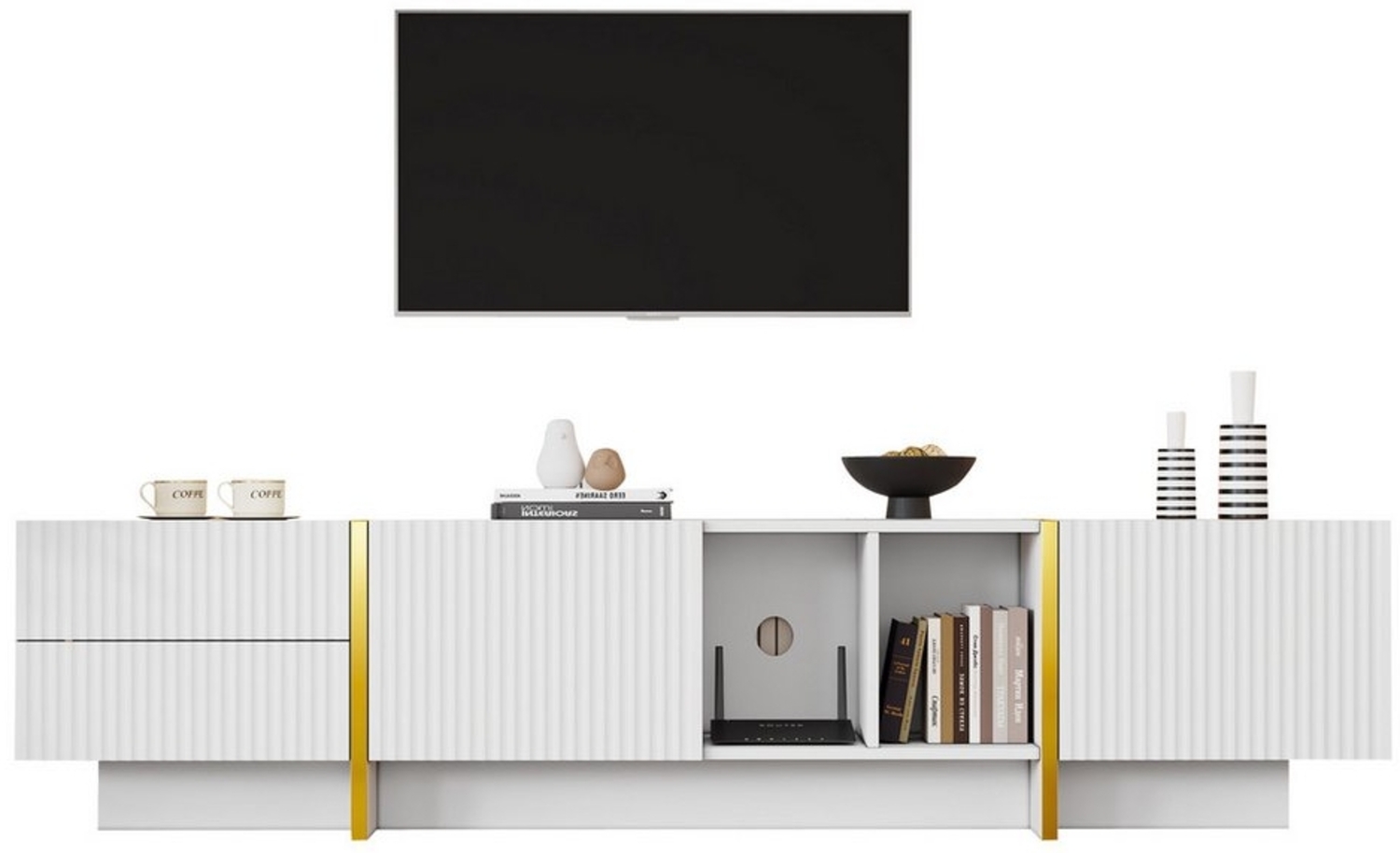 Merax Lowboard (Fernsehtisch, TV Board, TV- Lowboard), TV-Schrank mit 2 Schubladen, 2 Türen und Einlegeböden, Breit: 190cm Bild 1