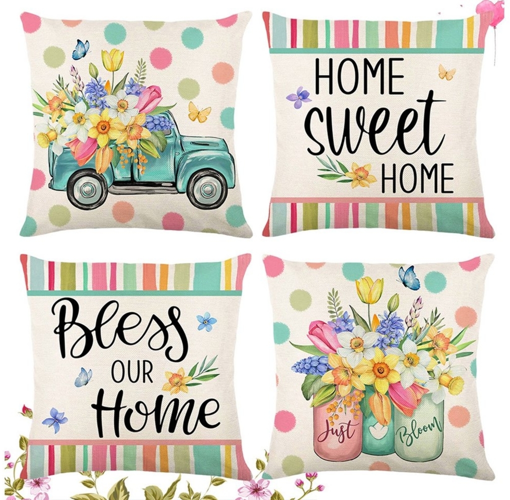 Jibenhome Kissenbezüge 45x45 Kissenbezug, 4er Kissenhülle Leinen Weiche Dekokissenbezug Sofa, Blume Pillow Cover Kissen Bezug, Zierkissenbezug Garten Wohnzimmer Bild 1