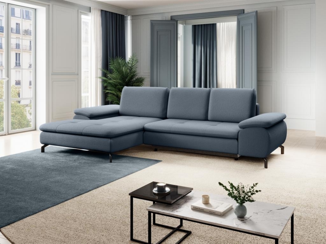 Vente-unique - Ecksofa mit Schlaffunktion - Ecke links - Strukturstoff - Blau - ARCHIBALD Bild 1