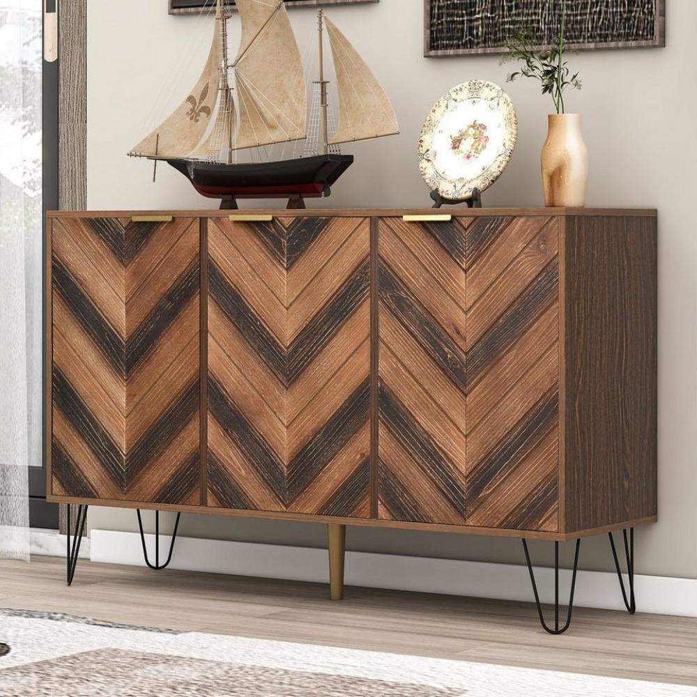 Merax Sideboard mit Fischgrätenmuster Dekor und Eisenfüße, Kommode mit 3 Türen und goldenen Metallgriffe,Highboard Holz,B:120cm Bild 1