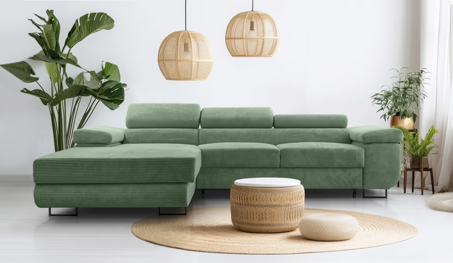 AX LIVING Salbeigrün Cord Couch L Form – Arborio L Wohnlandschaft 280cm Bild 1