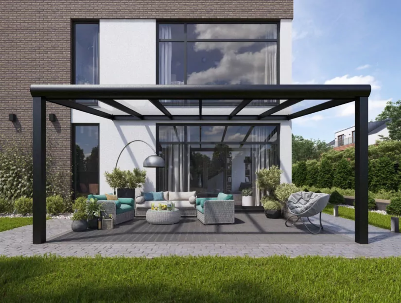 Elegante 600x250 Terrassenüberdachung mit Verstecktem Regenwasserablauf Bild 1