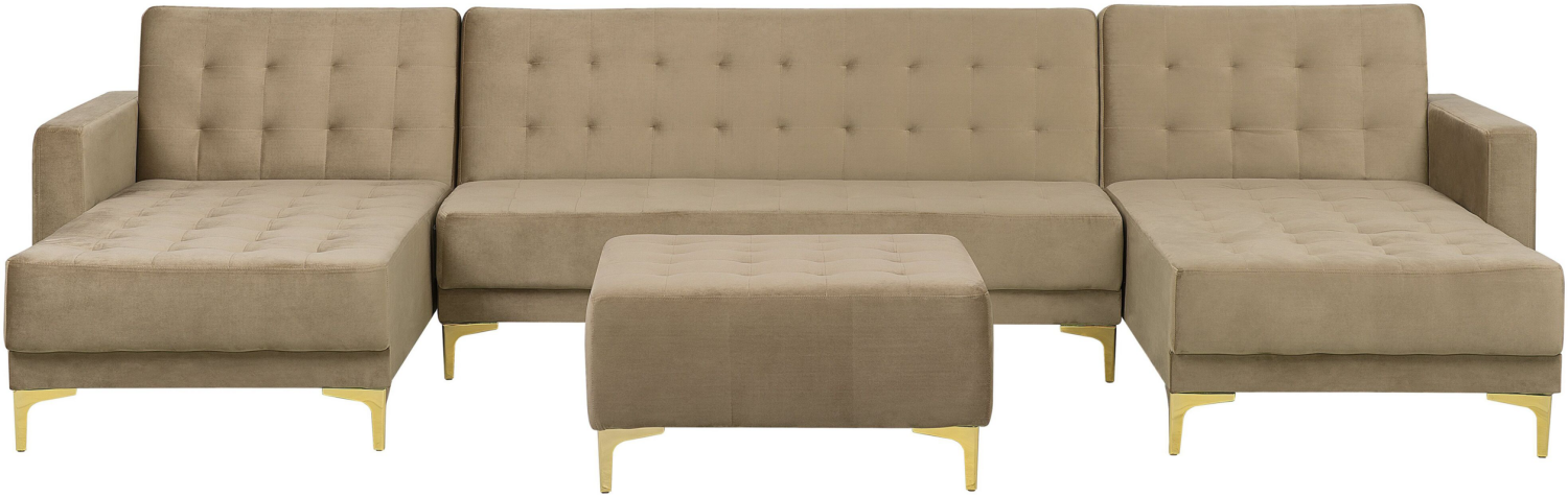 Schlafsofa U-förmig Samtstoff sandbeige mit Ottomane ABERDEEN Bild 1