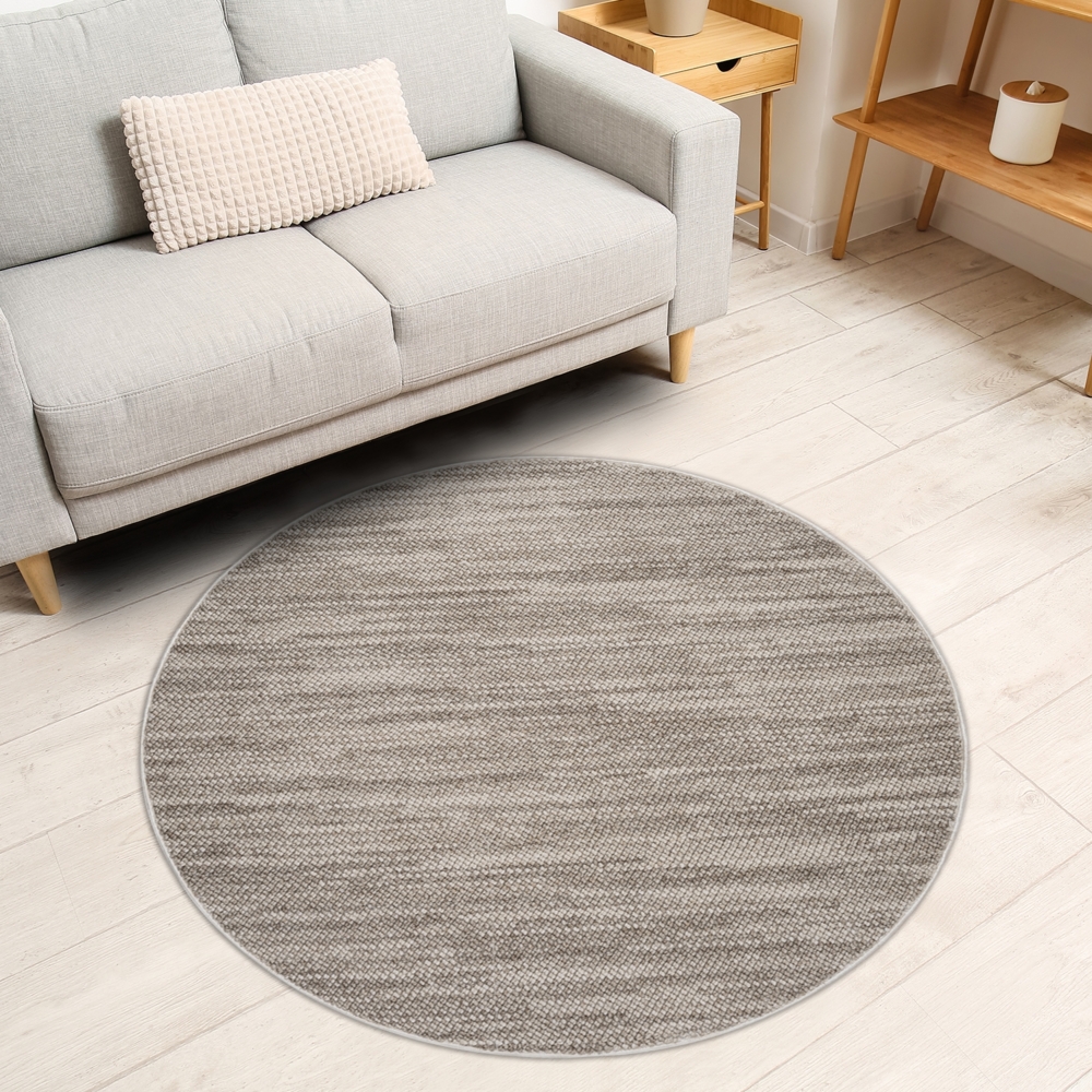 Teppich Rund - 200x200 cm - Taupe - Boho Style - Modern - Flachflor Wohnteppich Schlafzimmer Deko Bild 1