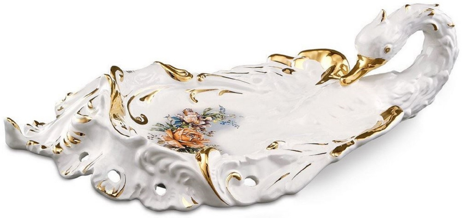 Casa Padrino Barock Serviertablett Schwan mit Blumen Weiß / Gold / Mehrfarbig 54x30 x H. 16 cm - Handbemaltes Keramik Tablett im Barockstil Bild 1