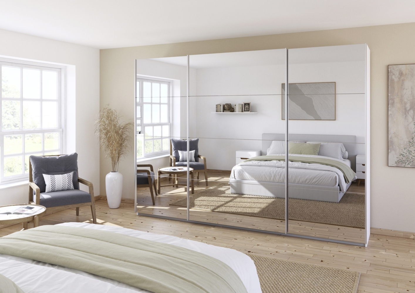 rauch Quadra, Kleiderschrank, Schiebetürenschrank, 3-türig, mit Spiegel, mit 4 Kleiderstangen und 8 Einlegeböden, Farbe Weiß, BxHxT 315x229x62cm Bild 1