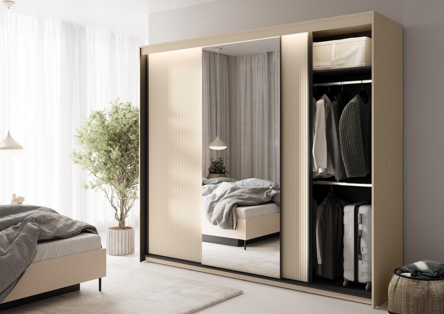Compleo Schwebetürenschrank mit Lamellen, geräumig Kleiderschrank, Elegant Schlafzimmer, Flur Bild 1