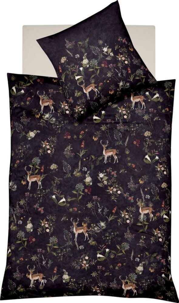 Fleuresse Mako-Satin Bettwäsche 155x220 Hirsch Blüten nachtschwarz 114121-01 Bild 1