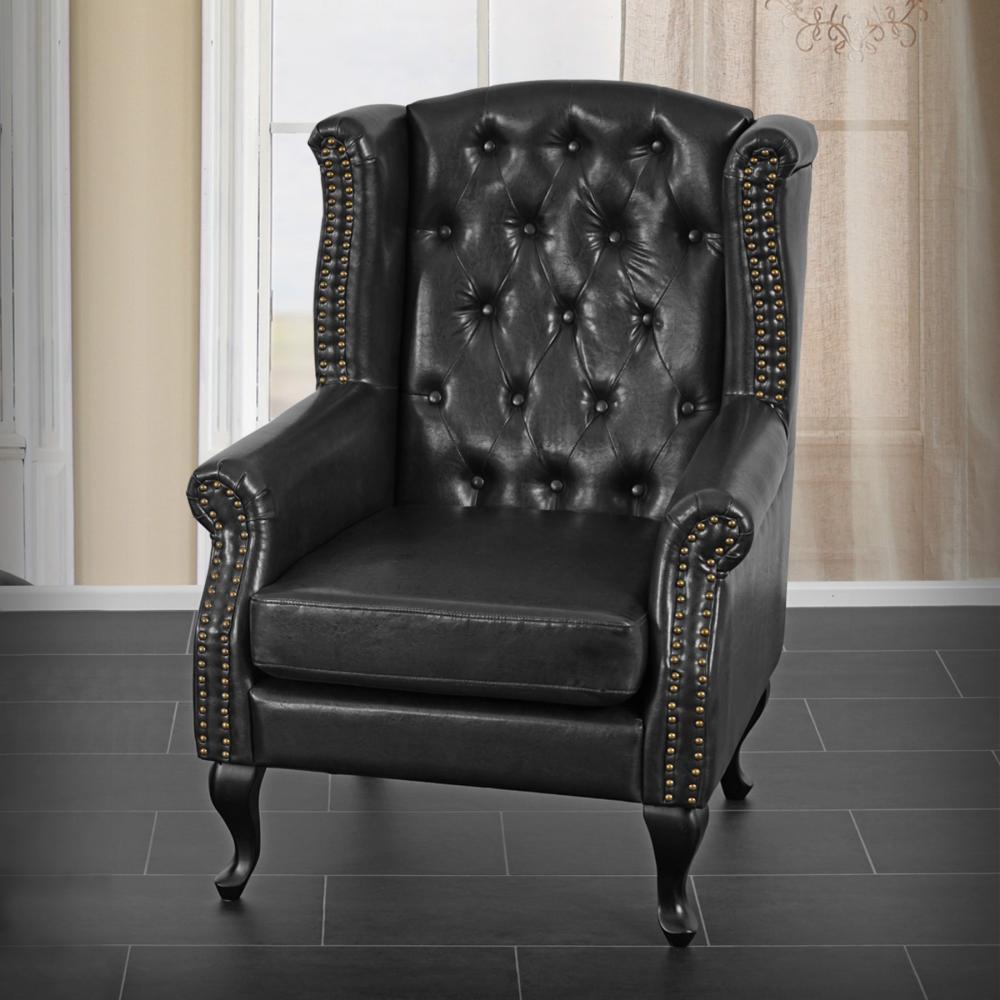 Sessel Relaxsessel Clubsessel Ohrensessel Chesterfield, Kunstleder ~ schwarz ohne Ottomane Bild 1