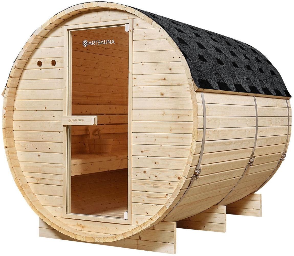 Artsauna Outdoor Fasssauna Spitzbergen 220 für 6 Personen - 8 kW Ofen, Saunasteine & Zubehör - Saunafass aus Fichtenholz - Außensauna Gartensauna Bild 1