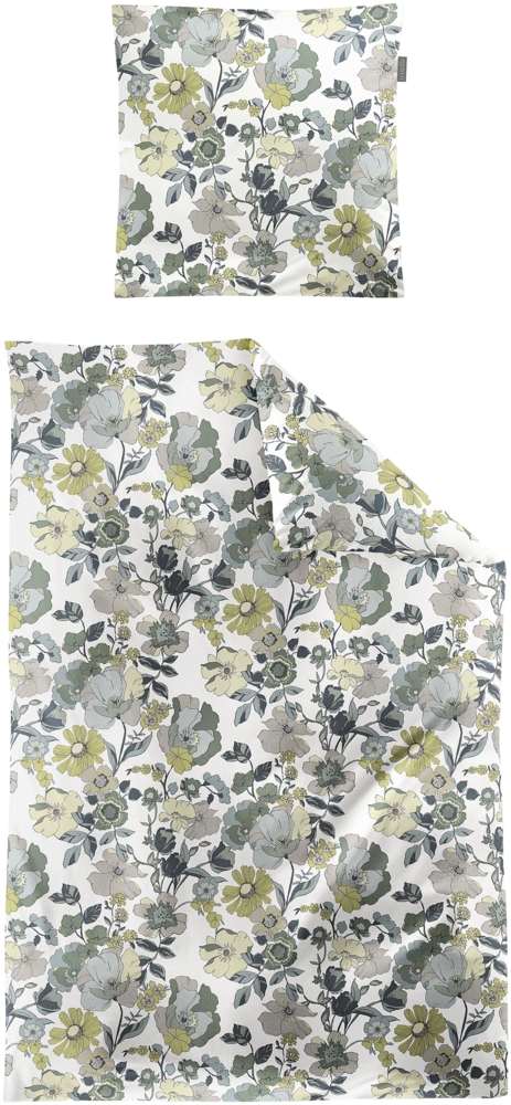 Irisette Wave Mako-Satin Bettwäsche 155x220 Blüten Blumen salbei gelb natur 8623-30 Bild 1