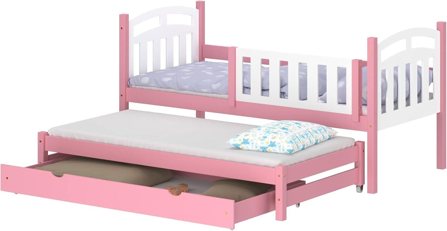 WNM Group Kinderbett Ausziehbar mit Rausfallschutz Suzie - aus Massivholz - Ausziehbett fr Mdchen und Jungen - Bett mit Schublade - Funktionsbett 200x90 / 190x90 cm - Rosa Bild 1