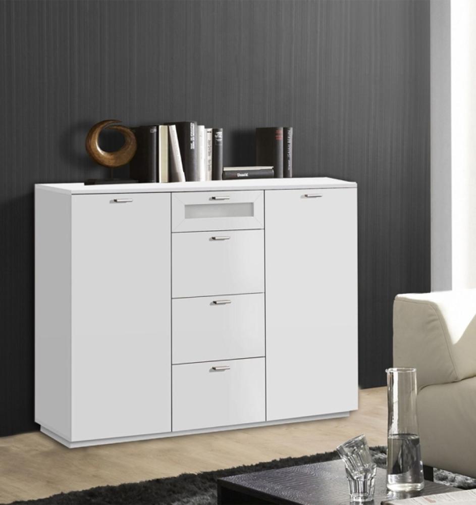 Kommode Anrichte 2trg mit Schubladen weiß matt Weißglas 120cm Bild 1