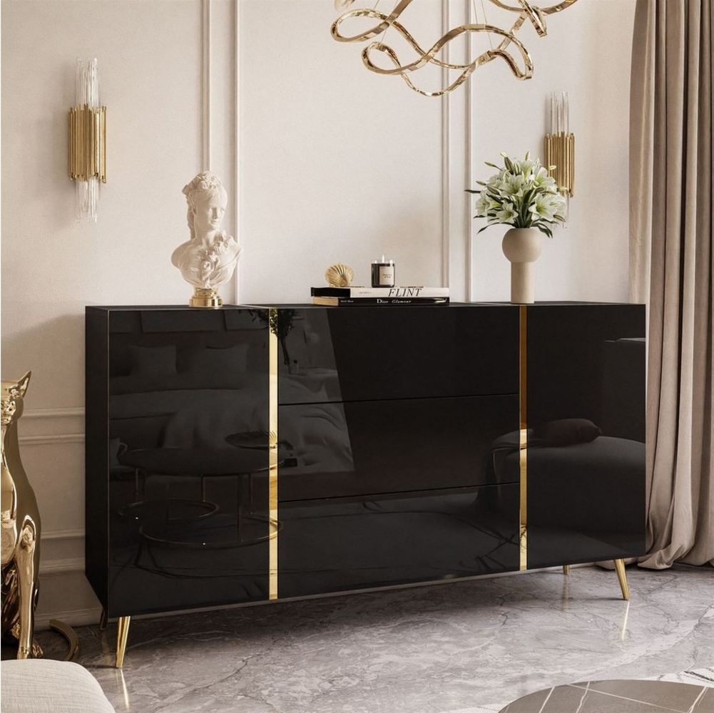 yourhouse24 Kommode ONYX goldenen Beinen Sideboard Hochglanz Push-Open / Goldgriffe 158 cm Bild 1