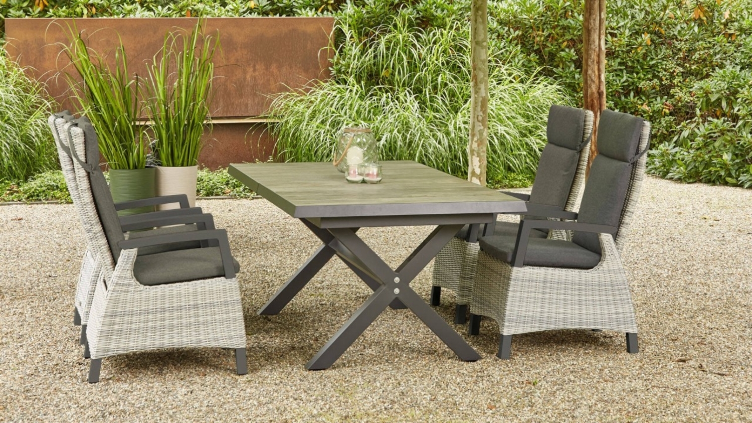 SIENA GARDEN Corido Sitzgruppe mit 4 Diningsesseln ice grey und 1 Sincro Automatik-Ausziehtisch grey Bild 1