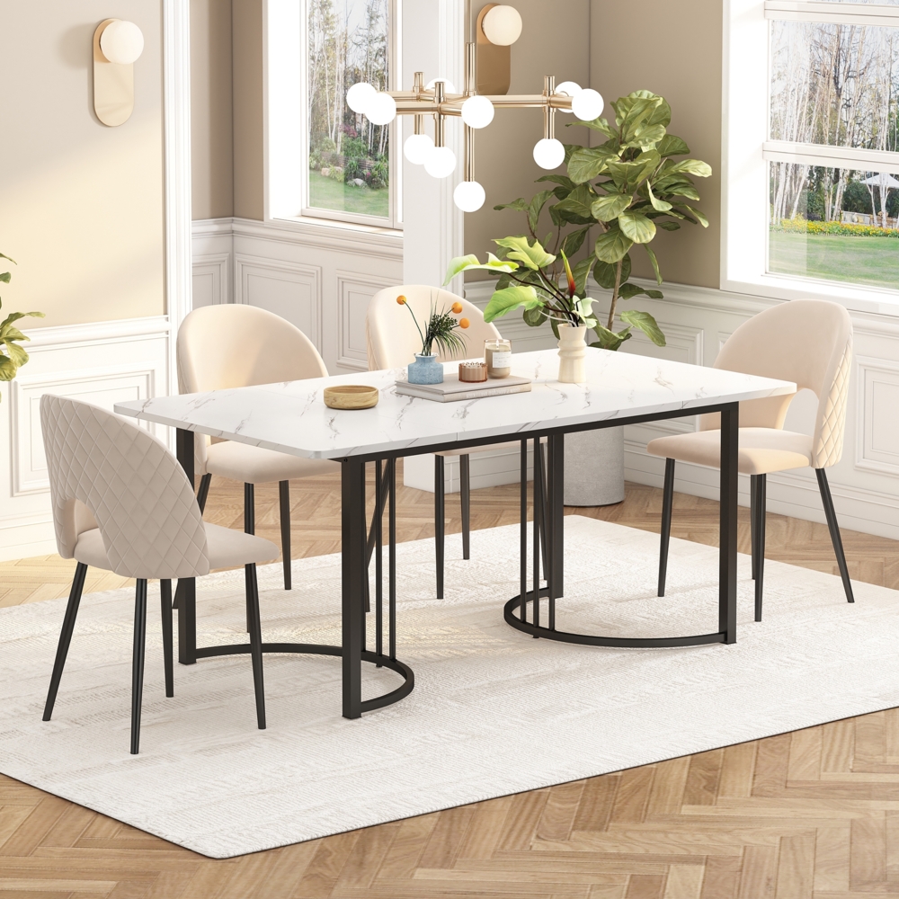 Merax Essgruppe, (Set,140×80cm Esstisch mit 4 Stühlen), Moderner Küchentisch Set, Samt Esszimmerstuhl Mit Diamantmuster, Verstellbare Stuhlbeine, Beige Samt, MDF Tischplatte in Weißer, Schwarz Tischbeine Bild 1