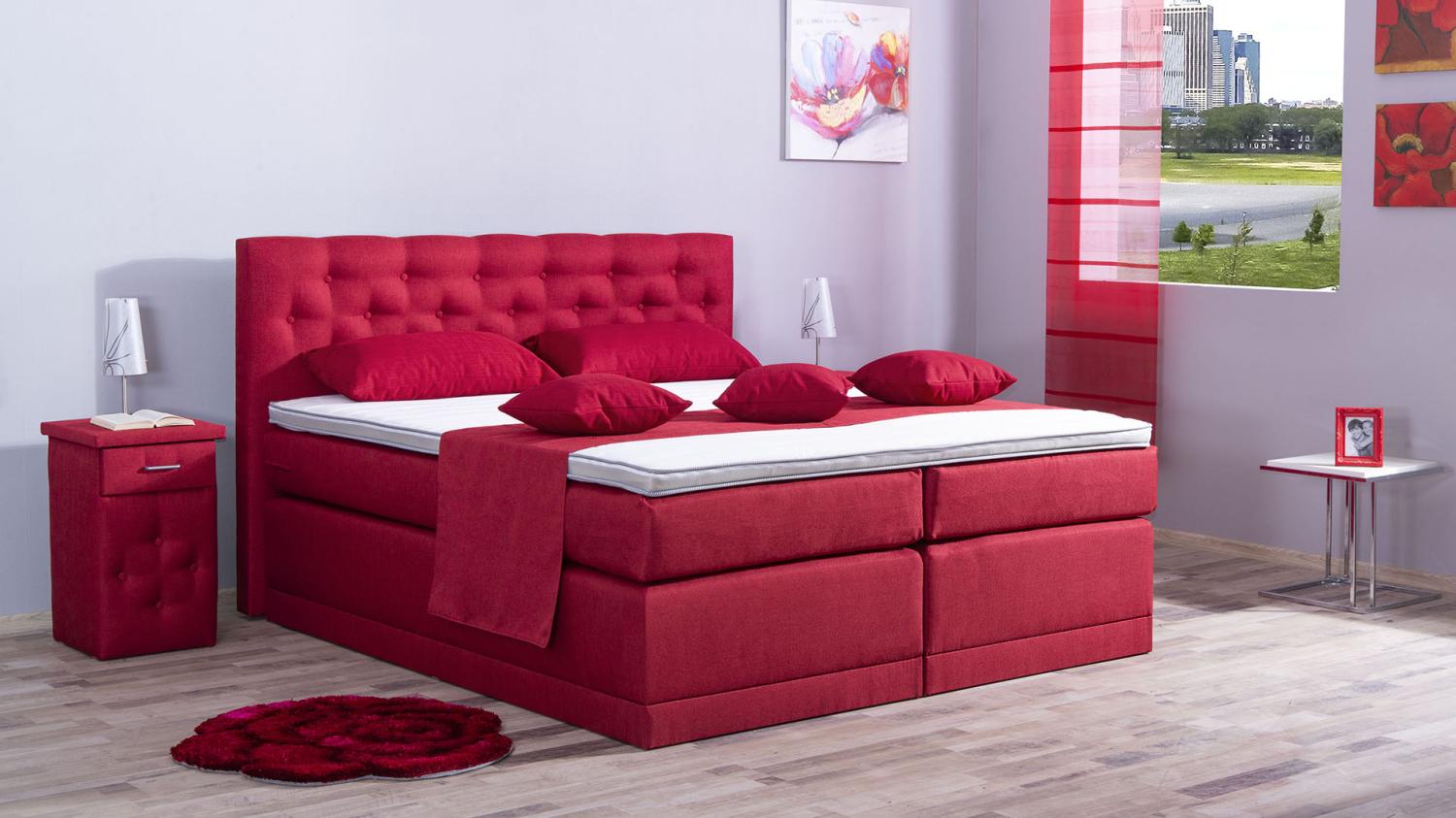 AUKONA| Boxspringbett Helena Rot 90x200 | 7- Zonen Taschenfederkern Matratze, mit Komfortschaumtopper Bild 1